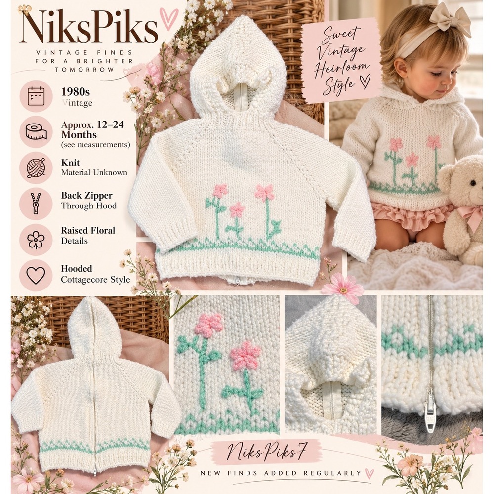 Vintage 1980s Baby Hooded Knit Sweater Pink Floral Back Zip 12-24M Cottagecore